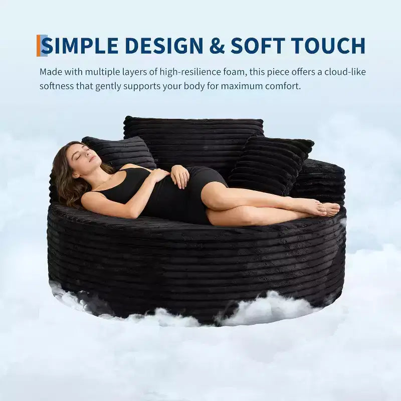 Round Chaise Lounge Chair, Indoor Oversized 55  55 Inch Modern Corduroy Boneless Cloud Couch Single Sofa with 4 Pillows Deep Seat for Home Office