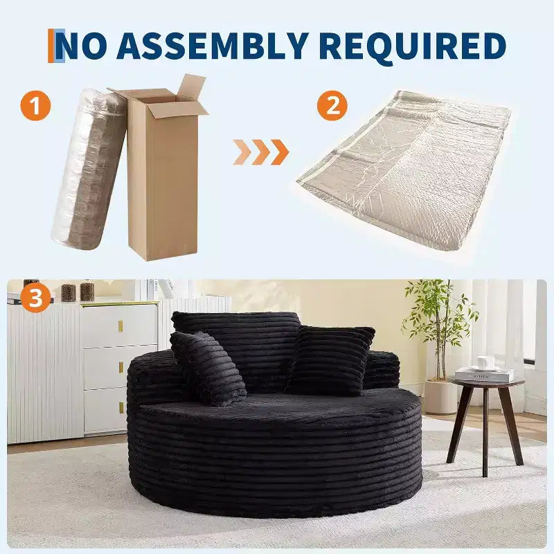 Round Chaise Lounge Chair, Indoor Oversized 55  55 Inch Modern Corduroy Boneless Cloud Couch Single Sofa with 4 Pillows Deep Seat for Home Office