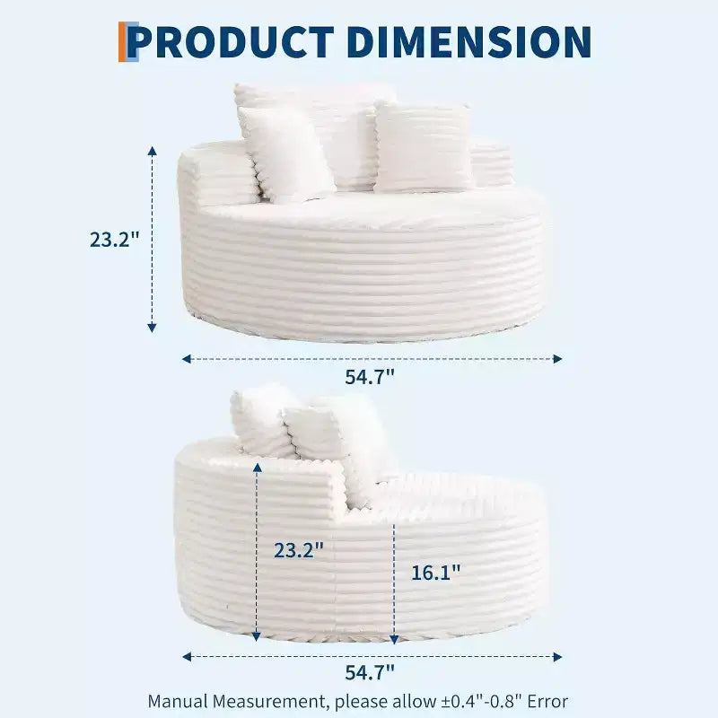 Round Chaise Lounge Chair, Indoor Oversized 55  55 Inch Modern Corduroy Boneless Cloud Couch Single Sofa with 4 Pillows Deep Seat for Home Office