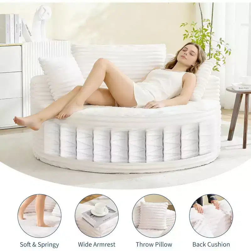 Round Chaise Lounge Chair, Indoor Oversized 55  55 Inch Modern Corduroy Boneless Cloud Couch Single Sofa with 4 Pillows Deep Seat for Home Office