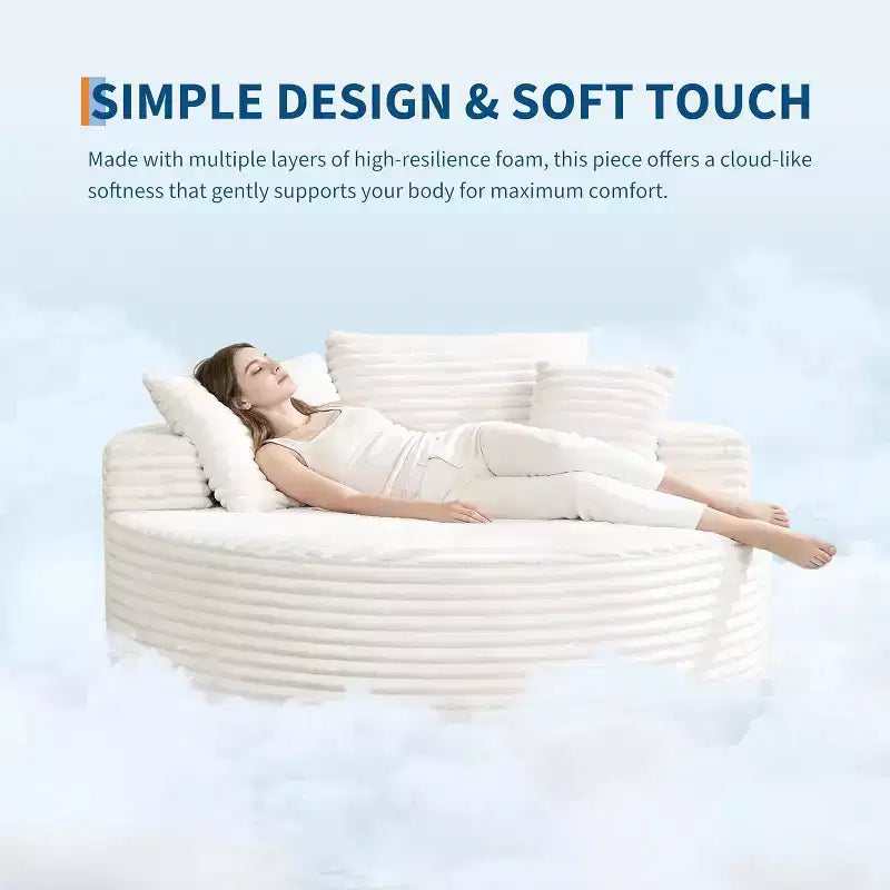 Round Chaise Lounge Chair, Indoor Oversized 55  55 Inch Modern Corduroy Boneless Cloud Couch Single Sofa with 4 Pillows Deep Seat for Home Office