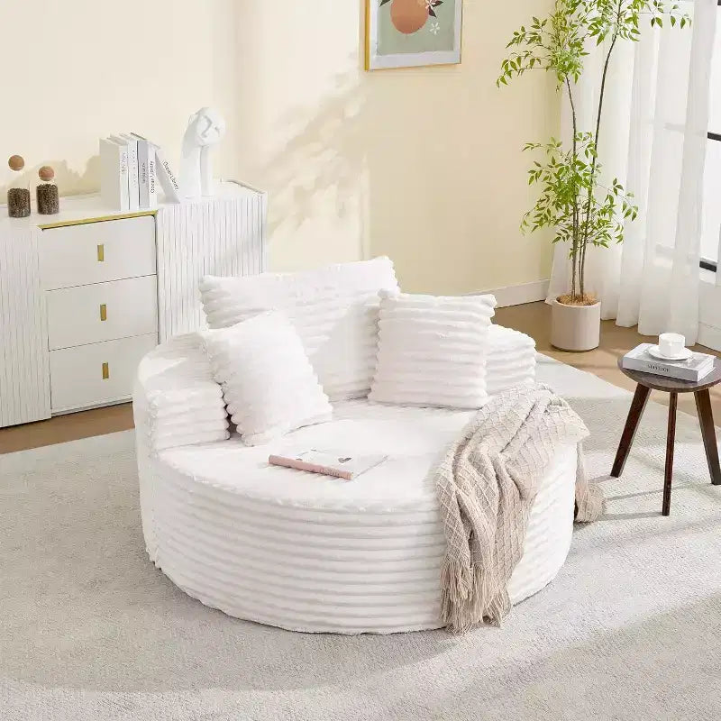 Round Chaise Lounge Chair, Indoor Oversized 55  55 Inch Modern Corduroy Boneless Cloud Couch Single Sofa with 4 Pillows Deep Seat for Home Office
