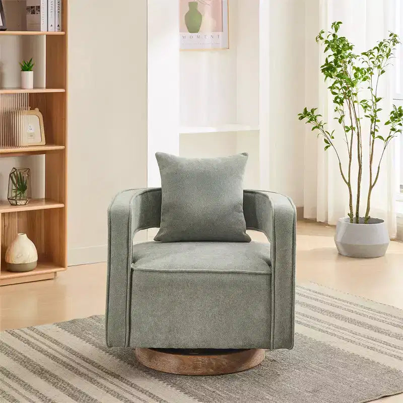 Modern Fabric Accent Sofas, 360-Degree Turning Arm Chair with Wooden Base & 1 Throw Pillow, for Living Room, Bedroom, Nursery, Office, Hotel