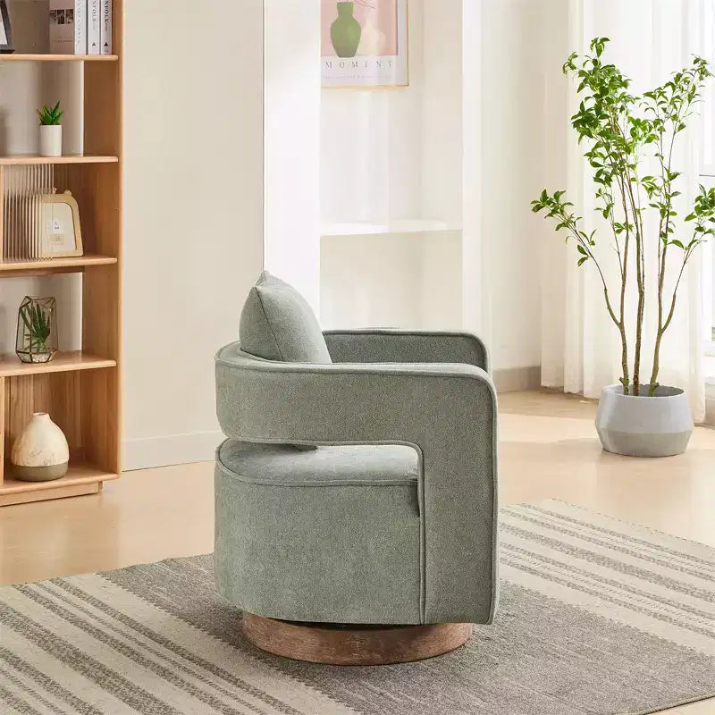 Modern Fabric Accent Sofas, 360-Degree Turning Arm Chair with Wooden Base & 1 Throw Pillow, for Living Room, Bedroom, Nursery, Office, Hotel
