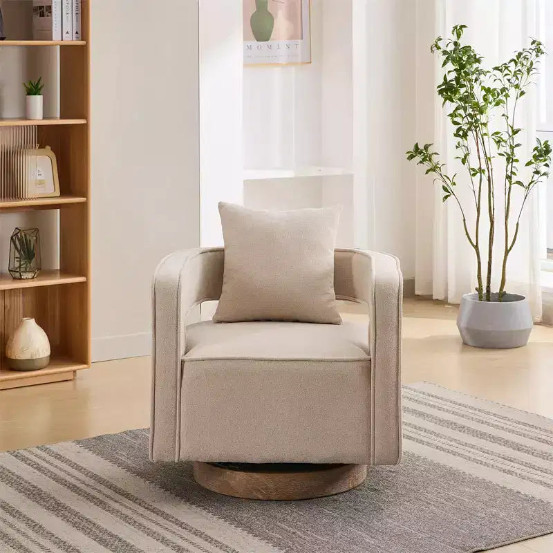 Modern Fabric Accent Sofas, 360-Degree Turning Arm Chair with Wooden Base & 1 Throw Pillow, for Living Room, Bedroom, Nursery, Office, Hotel