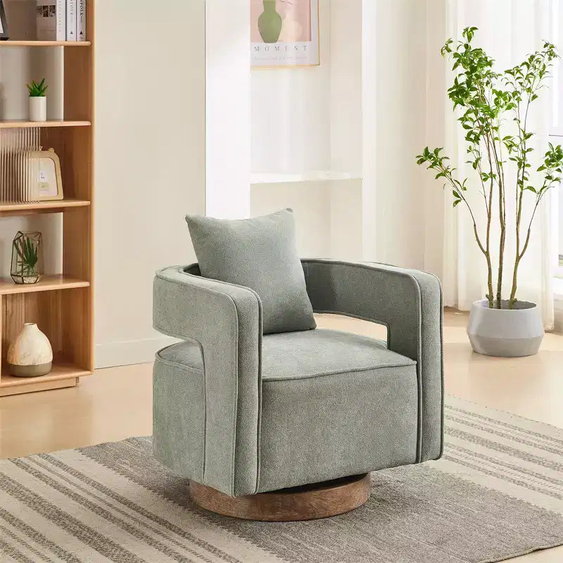 Sofás modernos de tela, sillón giratorio de 360 grados con base de madera y 1 cojín, para sala de estar, dormitorio, guardería, oficina, hotel