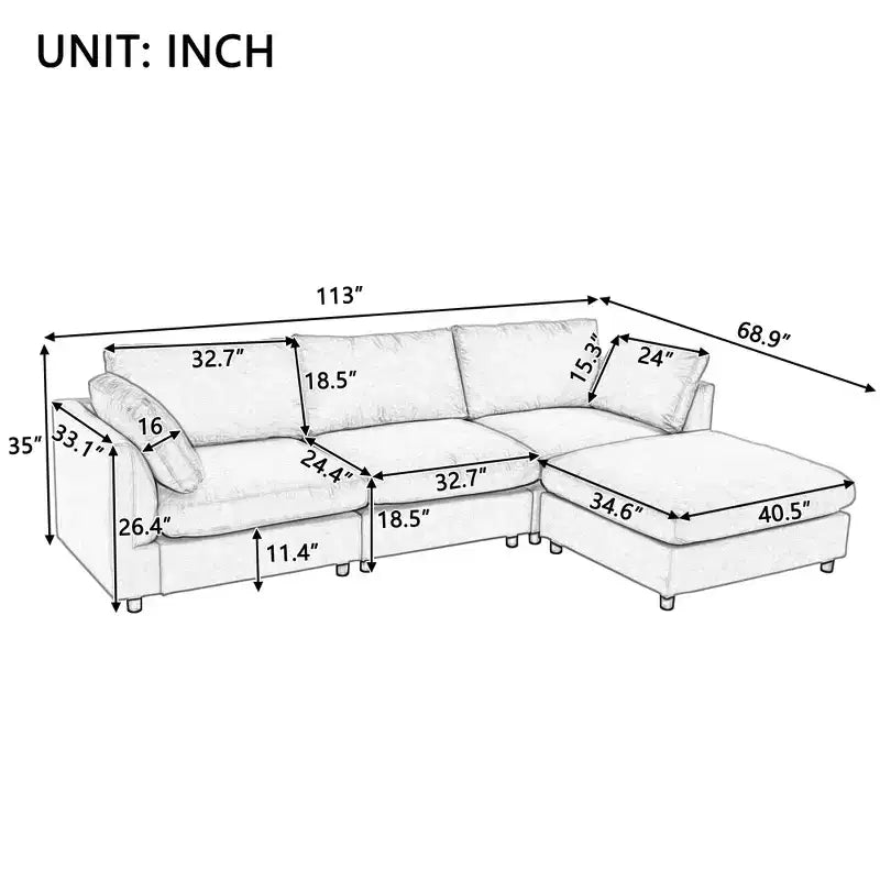 Convertible l Shaped Sectional Sofa with Footstool, 3-4 Seat Upholstered Sofa for Living Room Apartment