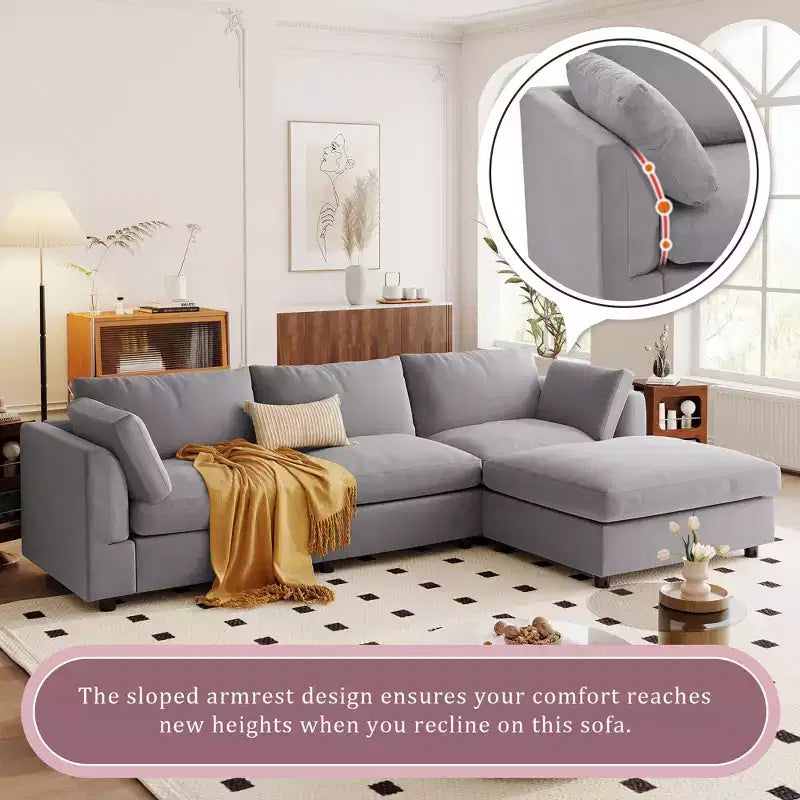 Convertible l Shaped Sectional Sofa with Footstool, 3-4 Seat Upholstered Sofa for Living Room Apartment