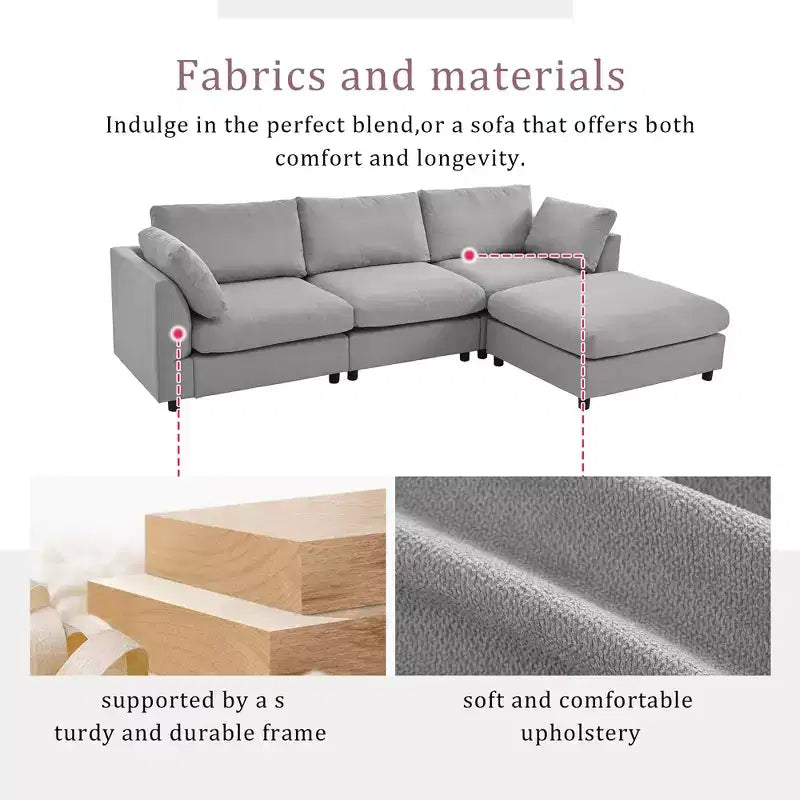 Convertible l Shaped Sectional Sofa with Footstool, 3-4 Seat Upholstered Sofa for Living Room Apartment