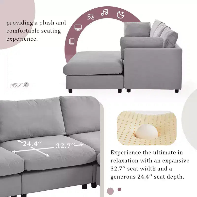 Convertible l Shaped Sectional Sofa with Footstool, 3-4 Seat Upholstered Sofa for Living Room Apartment