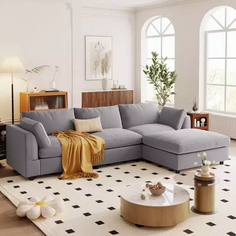 Convertible l Shaped Sectional Sofa with Footstool, 3-4 Seat Upholstered Sofa for Living Room Apartment