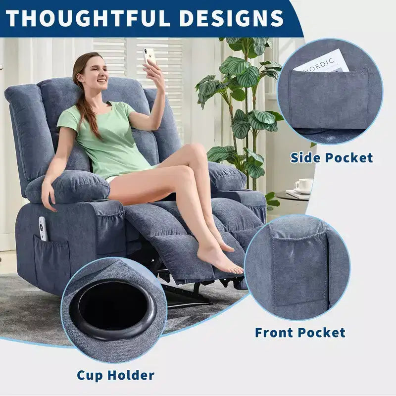 Massage Rocker Recliner Chair with Vibration Massage and Heat, Ergonomic Lounge Chair for Living Room with Side Pocket and Cup Holders