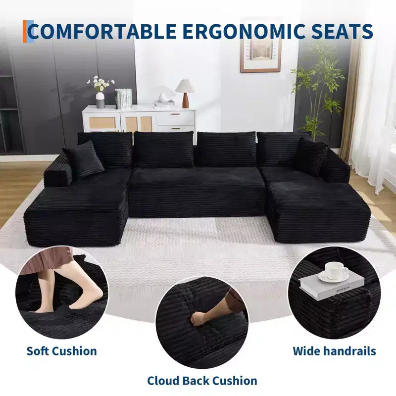 130'' U Shaped Cloud Couch Sectional Modern Modular Couch with 2 Chaise Lounge, 4-Seat Corduroy Deep Seat Sofa with Pillows for Living Room