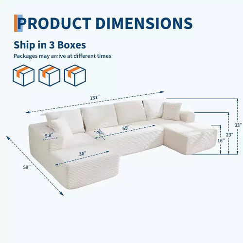 Sofá seccional modular moderno en forma de U de 130'' tipo nube con 2 chaise longues, sofá de pana de 4 plazas con asientos profundos y almohadas para sala de estar