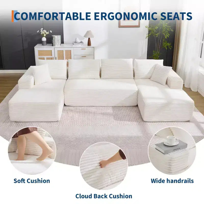 130'' U Shaped Cloud Couch Sectional Modern Modular Couch with 2 Chaise Lounge, 4-Seat Corduroy Deep Seat Sofa with Pillows for Living Room