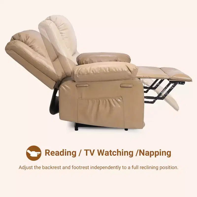 Power Lift Recliner Chair for Seniors  Electric Heated Massage Sofa with Remote, PU Leather, Side Pocket, Beige