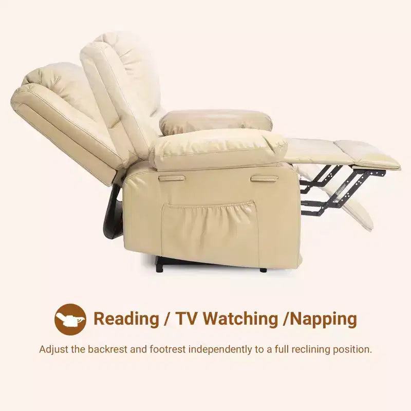 Power Lift Recliner Chair for Seniors  Electric Heated Massage Sofa with Remote, PU Leather, Side Pocket, Beige