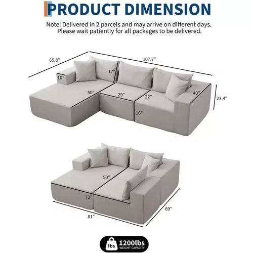 Canapé sectionnel modulaire 108 avec méridienne en L - Canapé moderne profond pour salon