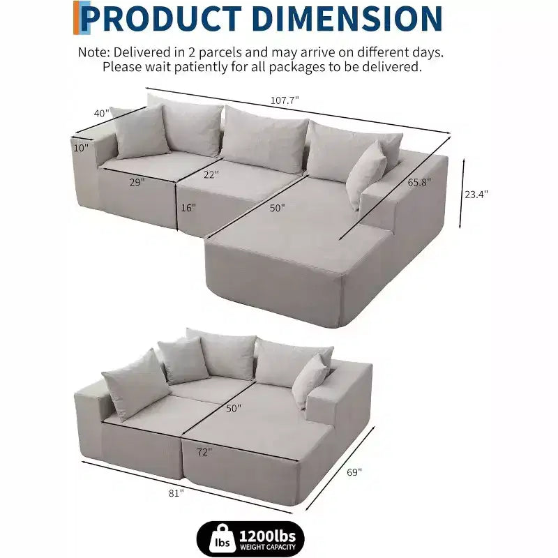 108 Modular Cloud Sectional Sofa with L-Shape Chaise - Deep Seat Modern Sofa for Living Room