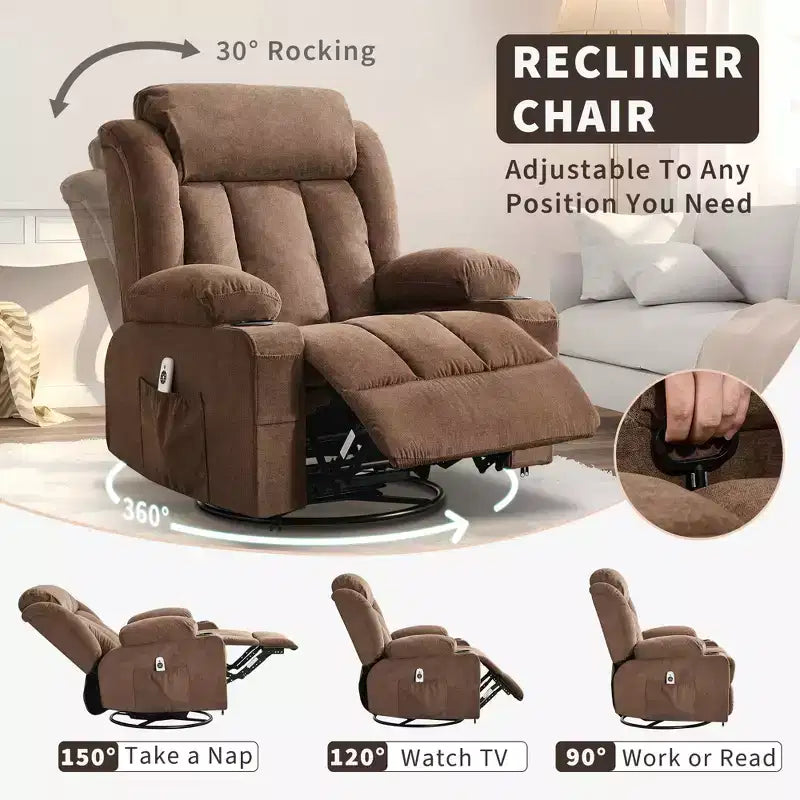 COZONY Rocker Recliner Chair with Heat & Massage - 360 Swivel, Oversized Single Sofa Seat with 3 Positions, USB Ports, Cup Holders, Side Pockets