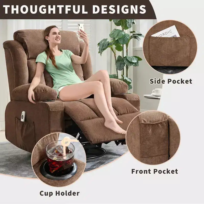 COZONY Rocker Recliner Chair with Heat & Massage - 360 Swivel, Oversized Single Sofa Seat with 3 Positions, USB Ports, Cup Holders, Side Pockets