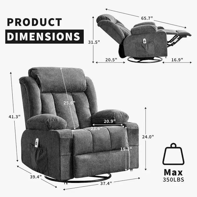 COZONY Rocker Recliner Chair with Heat & Massage - 360 Swivel, Oversized Single Sofa Seat with 3 Positions, USB Ports, Cup Holders, Side Pockets