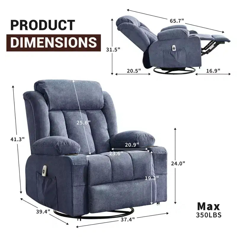 COZONY Rocker Recliner Chair with Heat & Massage - 360 Swivel, Oversized Single Sofa Seat with 3 Positions, USB Ports, Cup Holders, Side Pockets