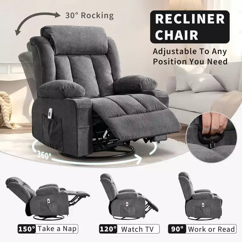 COZONY Rocker Recliner Chair with Heat & Massage - 360 Swivel, Oversized Single Sofa Seat with 3 Positions, USB Ports, Cup Holders, Side Pockets