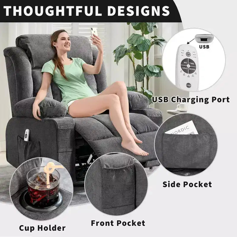 COZONY Rocker Recliner Chair with Heat & Massage - 360 Swivel, Oversized Single Sofa Seat with 3 Positions, USB Ports, Cup Holders, Side Pockets