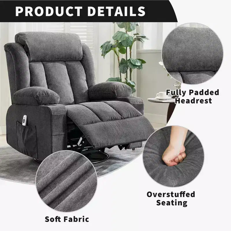 COZONY Rocker Recliner Chair with Heat & Massage - 360 Swivel, Oversized Single Sofa Seat with 3 Positions, USB Ports, Cup Holders, Side Pockets