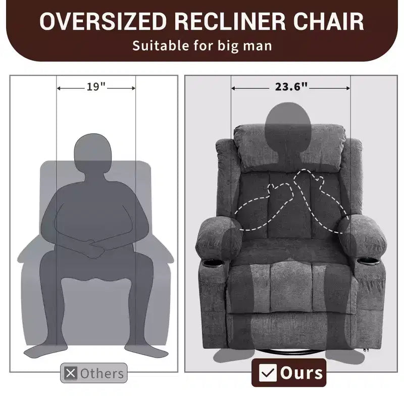 COZONY Rocker Recliner Chair with Heat & Massage - 360 Swivel, Oversized Single Sofa Seat with 3 Positions, USB Ports, Cup Holders, Side Pockets