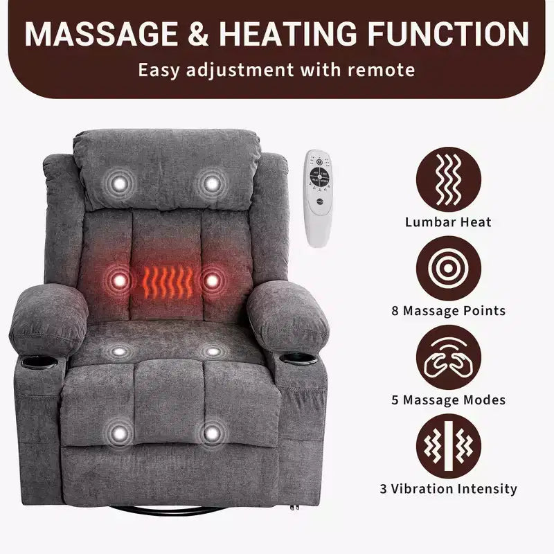 COZONY Rocker Recliner Chair with Heat & Massage - 360 Swivel, Oversized Single Sofa Seat with 3 Positions, USB Ports, Cup Holders, Side Pockets