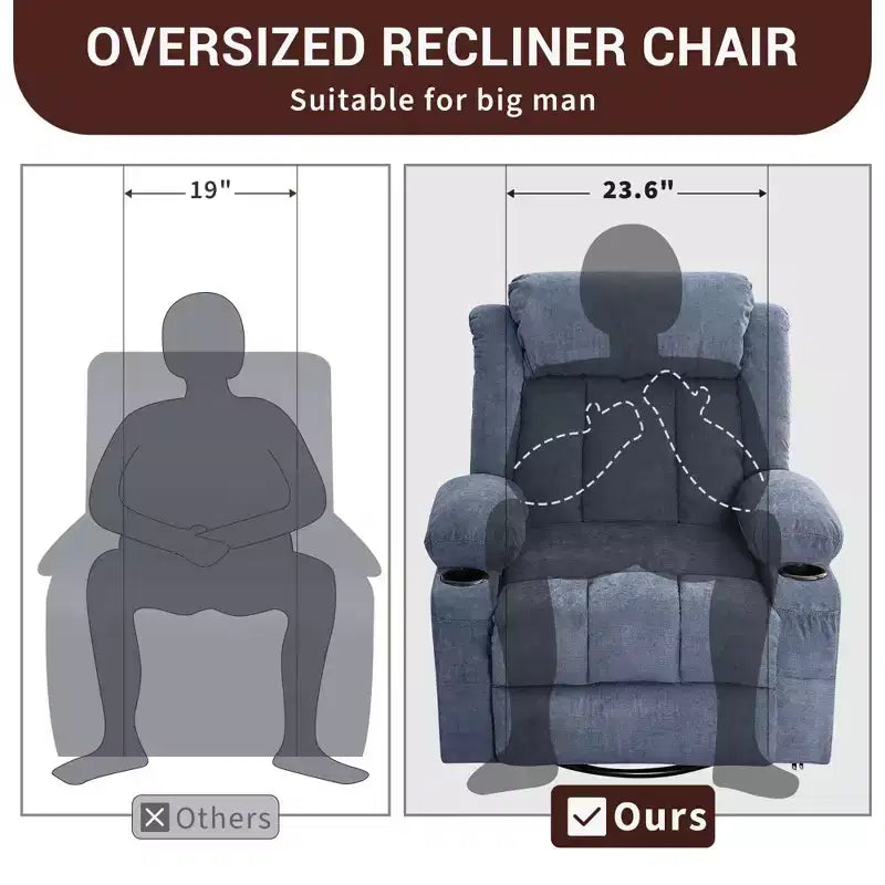 COZONY Rocker Recliner Chair with Heat & Massage - 360 Swivel, Oversized Single Sofa Seat with 3 Positions, USB Ports, Cup Holders, Side Pockets