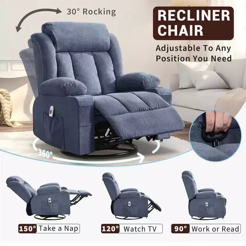 COZONY Rocker Recliner Chair with Heat & Massage - 360 Swivel, Oversized Single Sofa Seat with 3 Positions, USB Ports, Cup Holders, Side Pockets