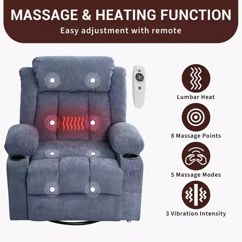 COZONY Rocker Recliner Chair with Heat & Massage - 360 Swivel, Oversized Single Sofa Seat with 3 Positions, USB Ports, Cup Holders, Side Pockets