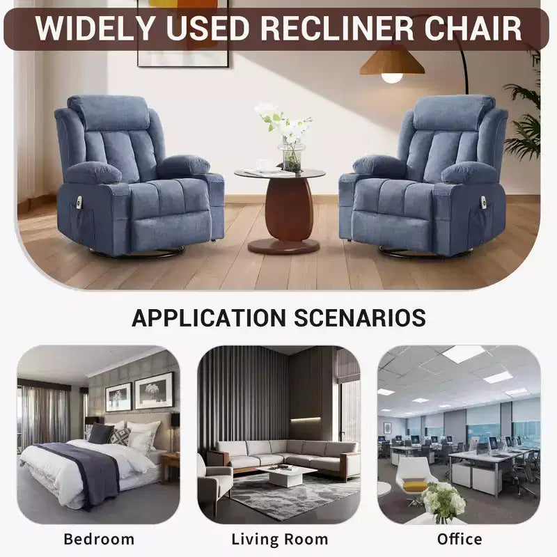 COZONY Rocker Recliner Chair with Heat & Massage - 360 Swivel, Oversized Single Sofa Seat with 3 Positions, USB Ports, Cup Holders, Side Pockets
