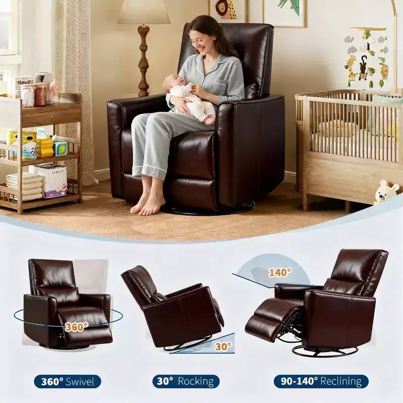 Recliner Chair,360 Swivel Rocker Glider Nursery Chair with Padded Armrest and Deep Seat, PU Leather Upholstered Reclining Sofa Chair for Living Room