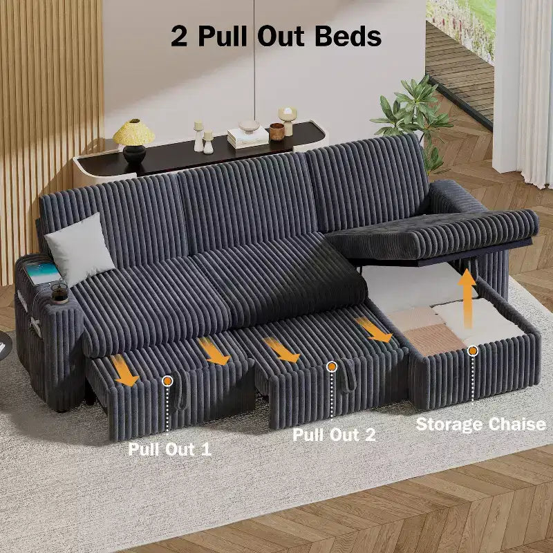Dyonery Modular Sectional Sleeper Sofa with Pull Out Couch Bed Convertible Couch with Storage Chaise & Side Pocket,for Living Room Apartment