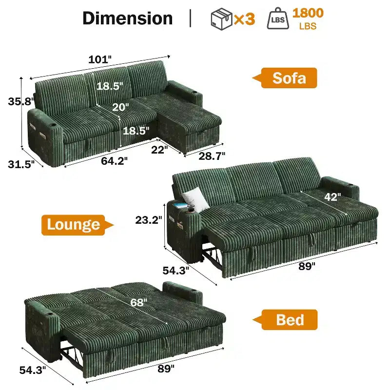 Dyonery Modular Sectional Sleeper Sofa with Pull Out Couch Bed Convertible Couch with Storage Chaise & Side Pocket,for Living Room Apartment