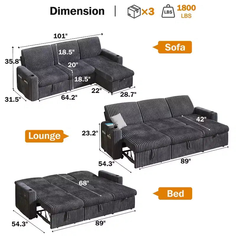 Dyonery Modular Sectional Sleeper Sofa with Pull Out Couch Bed Convertible Couch with Storage Chaise & Side Pocket,for Living Room Apartment