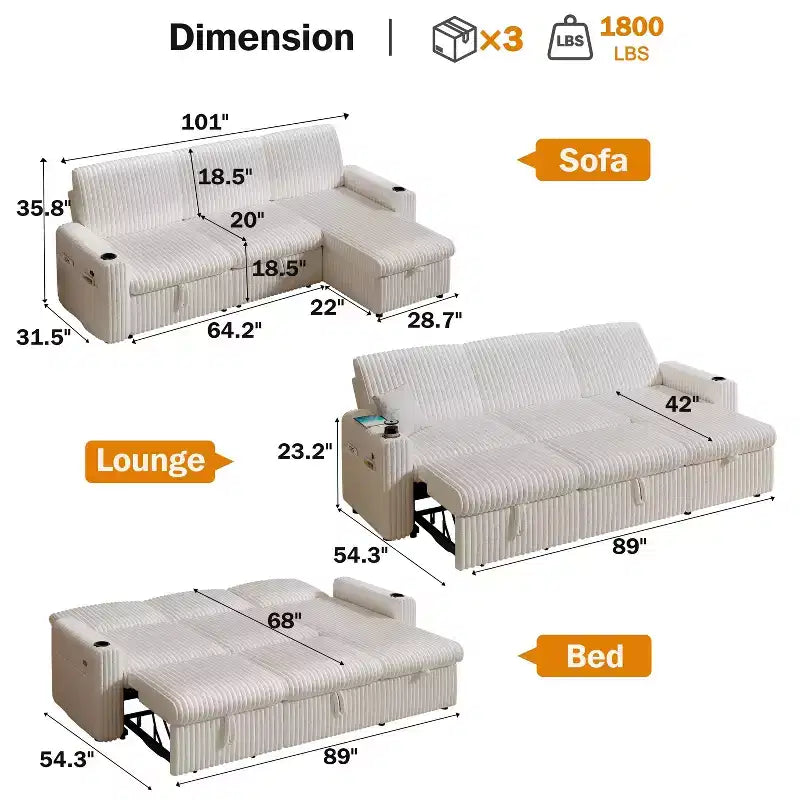 Dyonery Modular Sectional Sleeper Sofa with Pull Out Couch Bed Convertible Couch with Storage Chaise & Side Pocket,for Living Room Apartment