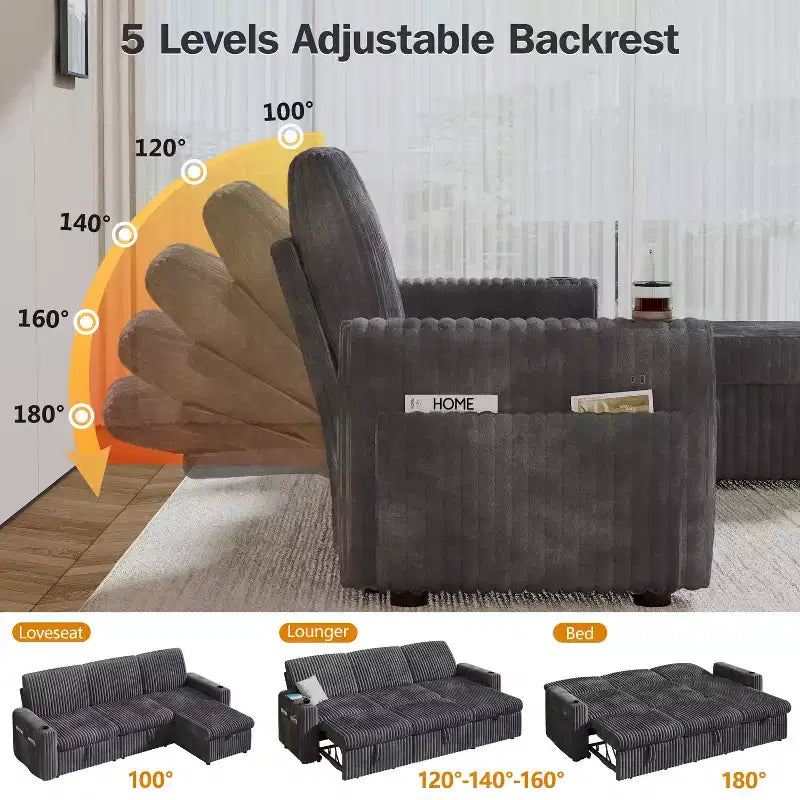 Dyonery Modular Sectional Sleeper Sofa with Pull Out Couch Bed Convertible Couch with Storage Chaise & Side Pocket,for Living Room Apartment