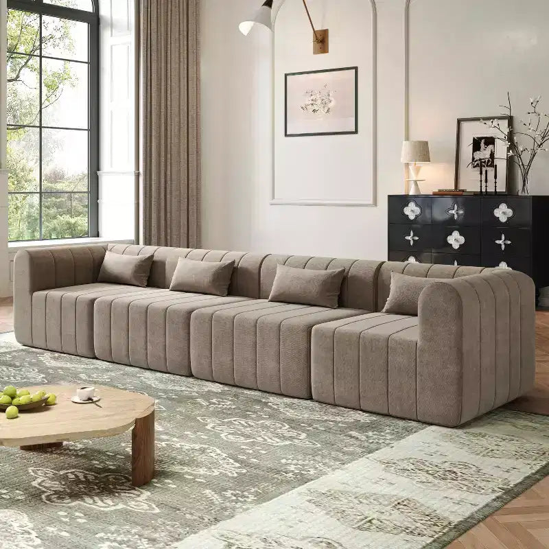 MAYEERTY 145.5-Inch Modular Sectional Sofa Beige Polyester Upholstery, 4-Piece Compressed Sponge Couch for Living Room
