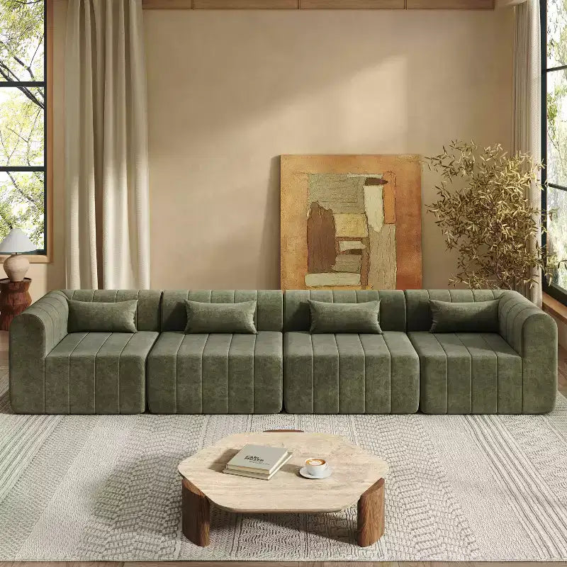 MAYEERTY 145.5-Inch Modular Sectional Sofa Beige Polyester Upholstery, 4-Piece Compressed Sponge Couch for Living Room