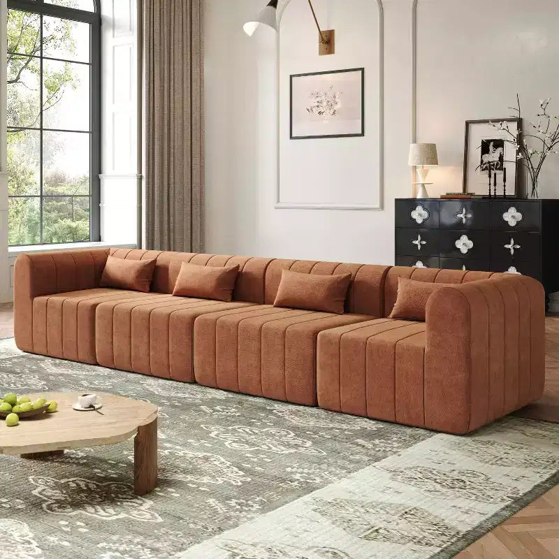 MAYEERTY 145.5-Inch Modular Sectional Sofa Beige Polyester Upholstery, 4-Piece Compressed Sponge Couch for Living Room