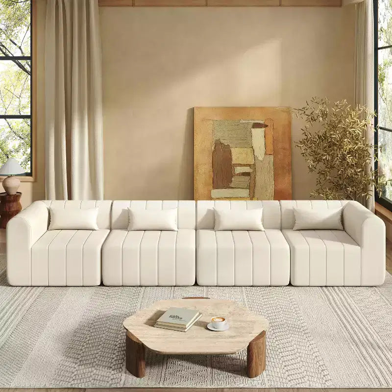 MAYEERTY 145.5-Inch Modular Sectional Sofa Beige Polyester Upholstery, 4-Piece Compressed Sponge Couch for Living Room