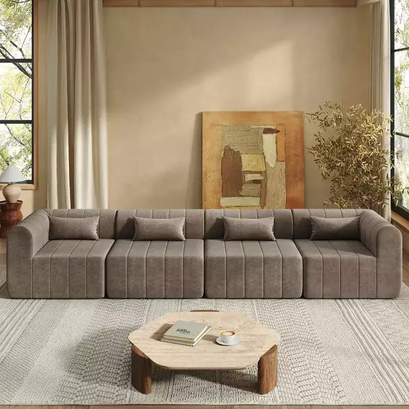 MAYEERTY Sofá Seccional Modular de 145.5 Pulgadas, Tapicería de Poliéster Beige, Sofá de Esponja Comprimida de 4 Piezas para Sala de Estar