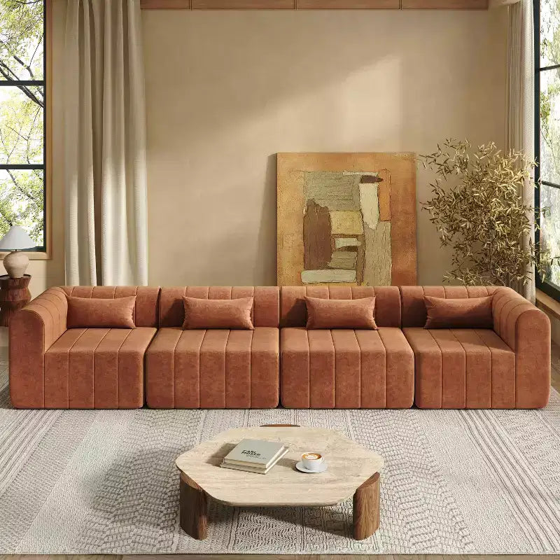 MAYEERTY Sofá Seccional Modular de 145.5 Pulgadas, Tapicería de Poliéster Beige, Sofá de Esponja Comprimida de 4 Piezas para Sala de Estar