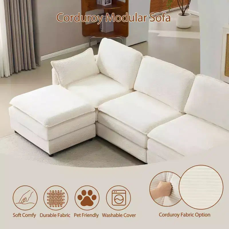 MAYEERTY 54-Inch Plush Cloud Modular Sofa, Single with Ottoman, Beige Chenille Cushion & Pillow, Compact for Home