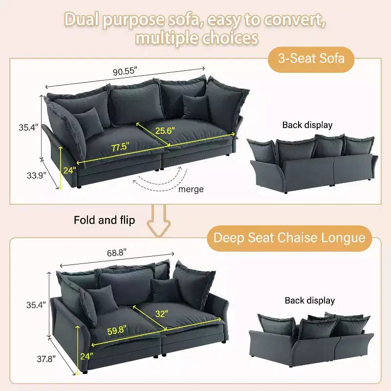 Sofa Modular Sectional, Deep Seat Couch with Large Pillows, Upholstered Sleeper Sofa for Apartment, Living Room, Hotel, Studio, Office